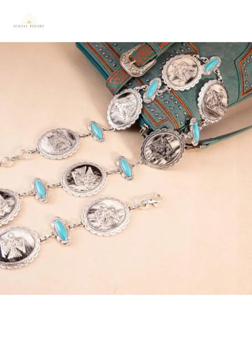 Turquoise Western Concho Chain Belt for Women - Metal Adjustable
